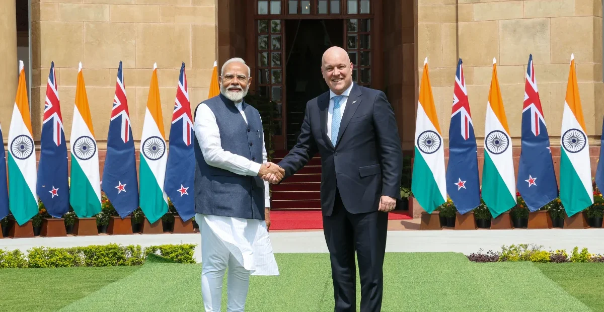 India New Zealand FTA: Narendra Modi and Christopher Luxon at Hyderabad House, New Delhi, in March 2025