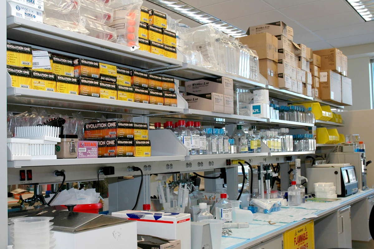 Equipment and supplies in a laboratory at the NIH Clinical Research Center in 2005