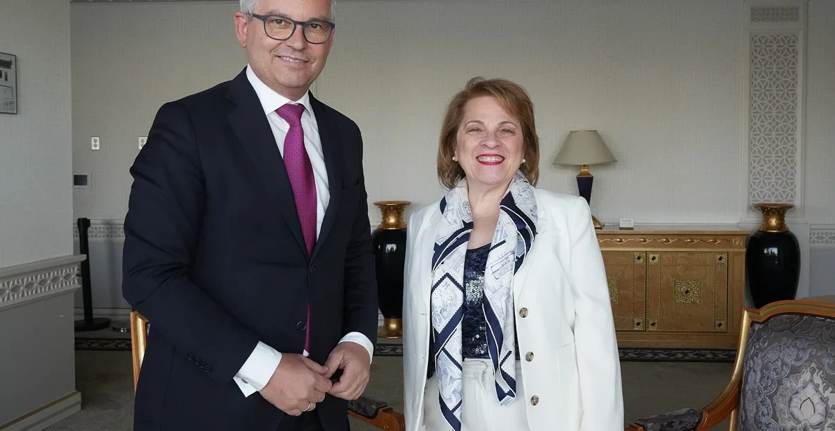 Express Entry points: Lena Metlege Diab, right, with European Commissioner Magnus Brunner in New York in May 2026