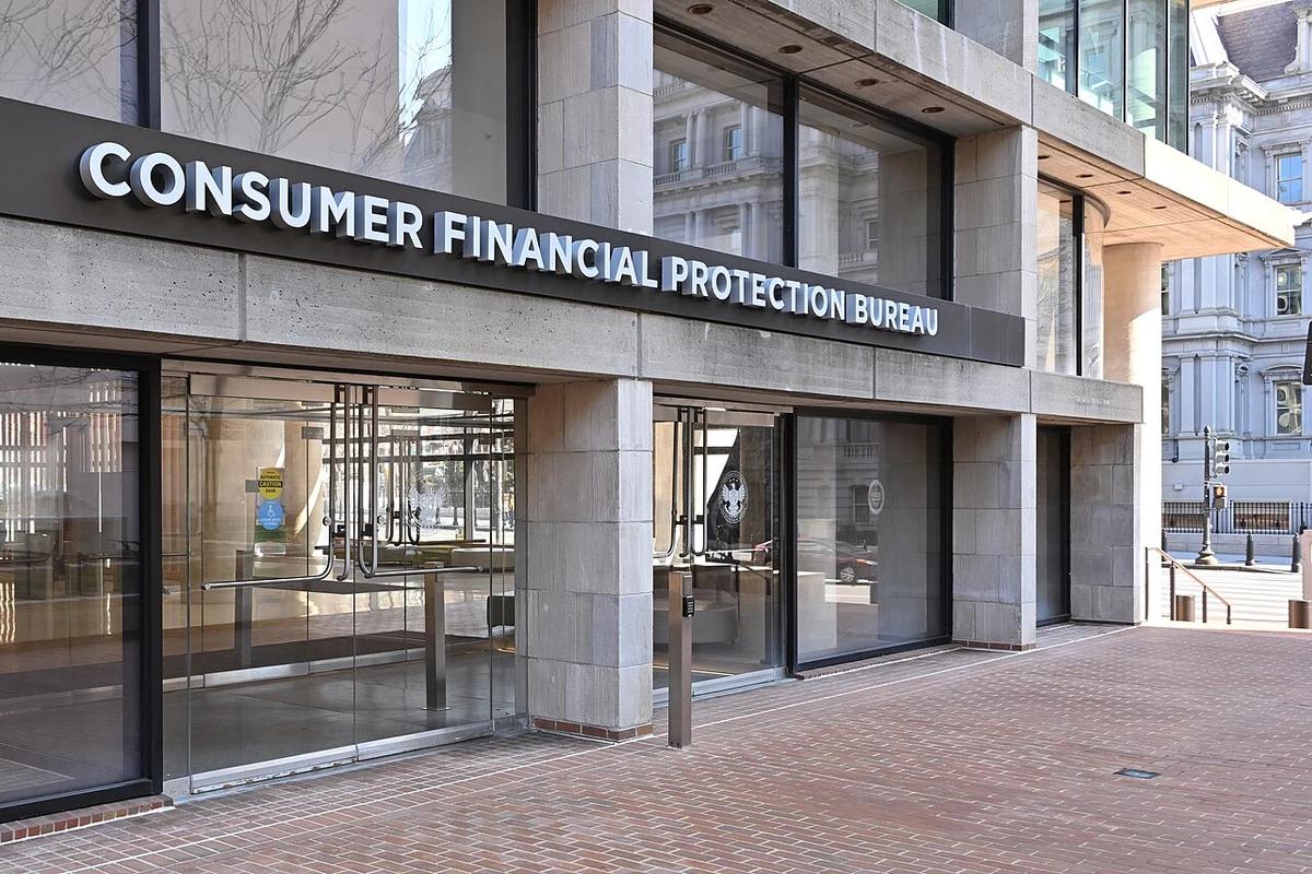 The entrance to the Consumer Financial Protection Bureau headquarters, photographed in February 2025.