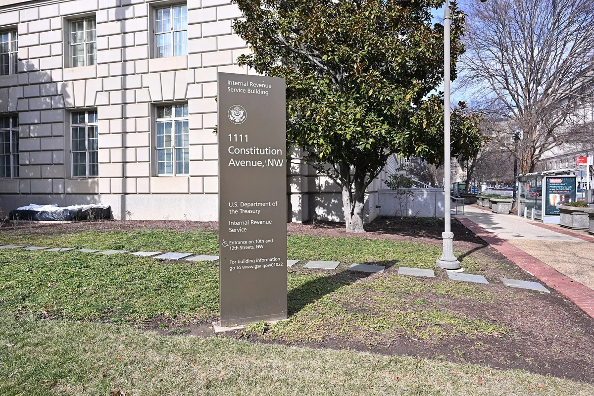 The Internal Revenue Service headquarters sign in Washington, DC, photographed in February 2025.