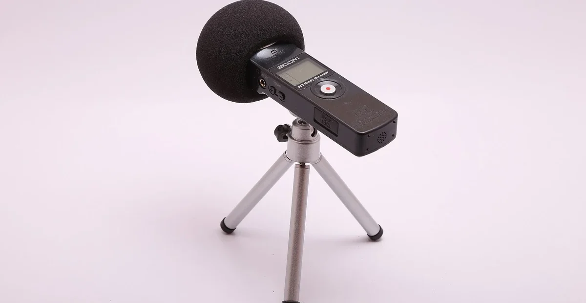 Portable audio recorder on a tripod illustrating a family oral history