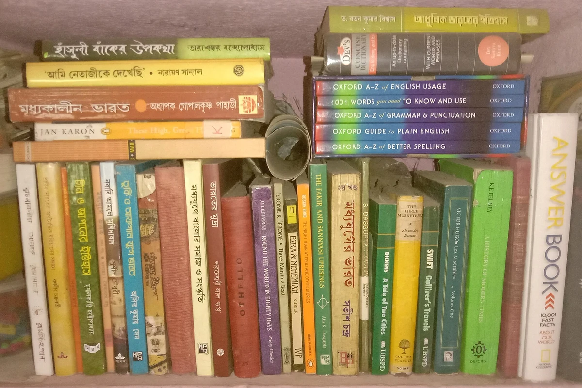 English and Bengali books arranged on shelves