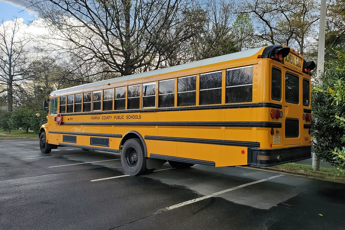 Yellow Fairfax County school bus parked in Reston, Virginia