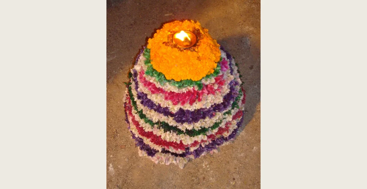 Bathukamma festival flower stack in an archive photograph from Telangana