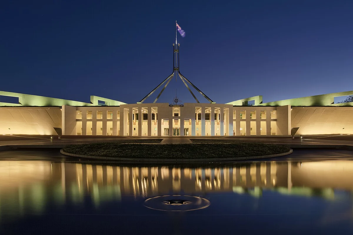 Parliament House in Canberra at dusk in April 2017